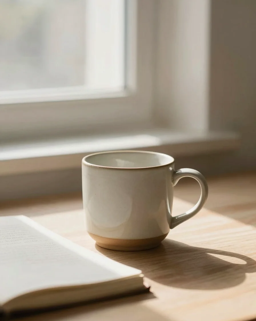 Warm morning sunlight filtering across a minimalist ceramic mug,